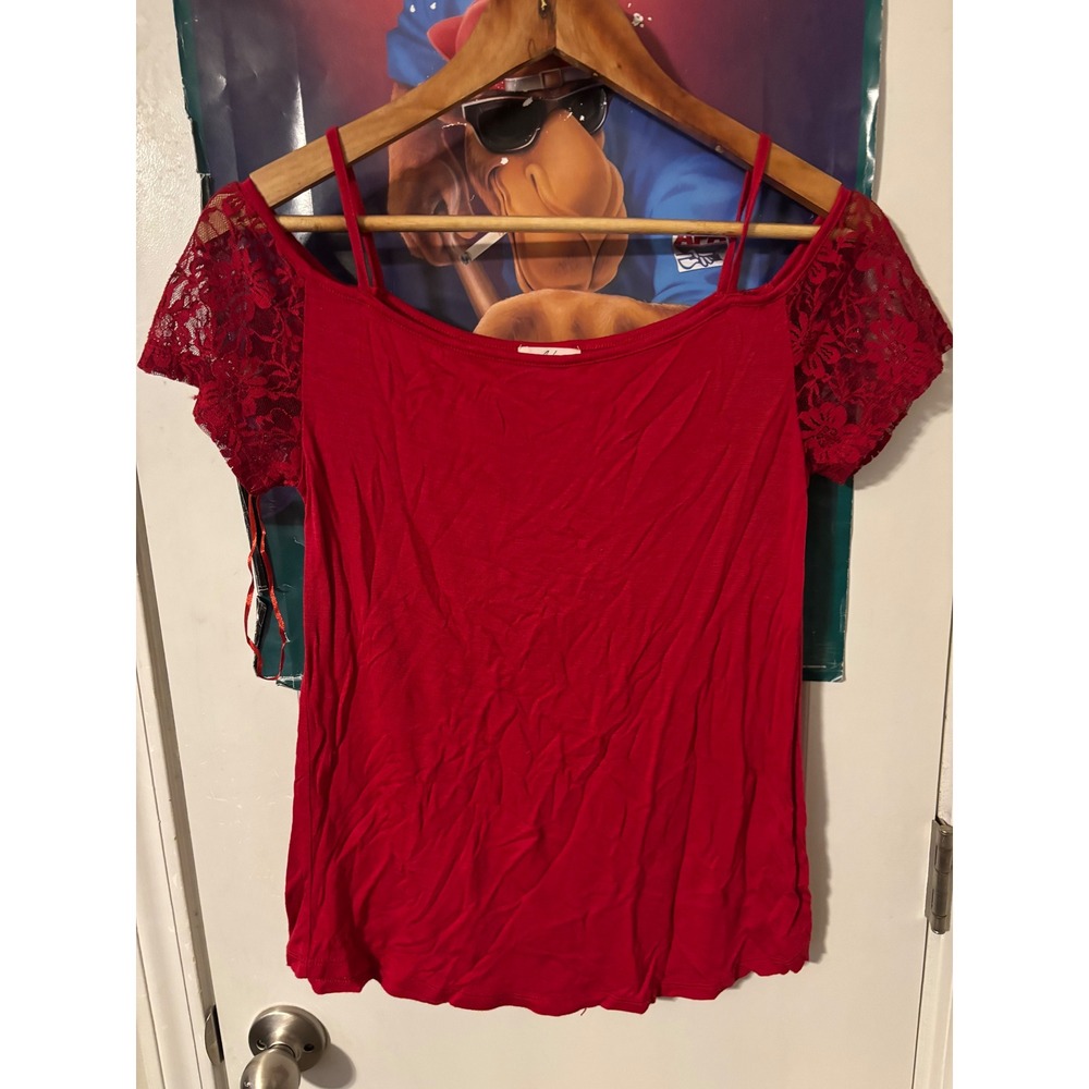Glitz Womens Red Cold Shoulder Lace Sleeve Strappy Top Small